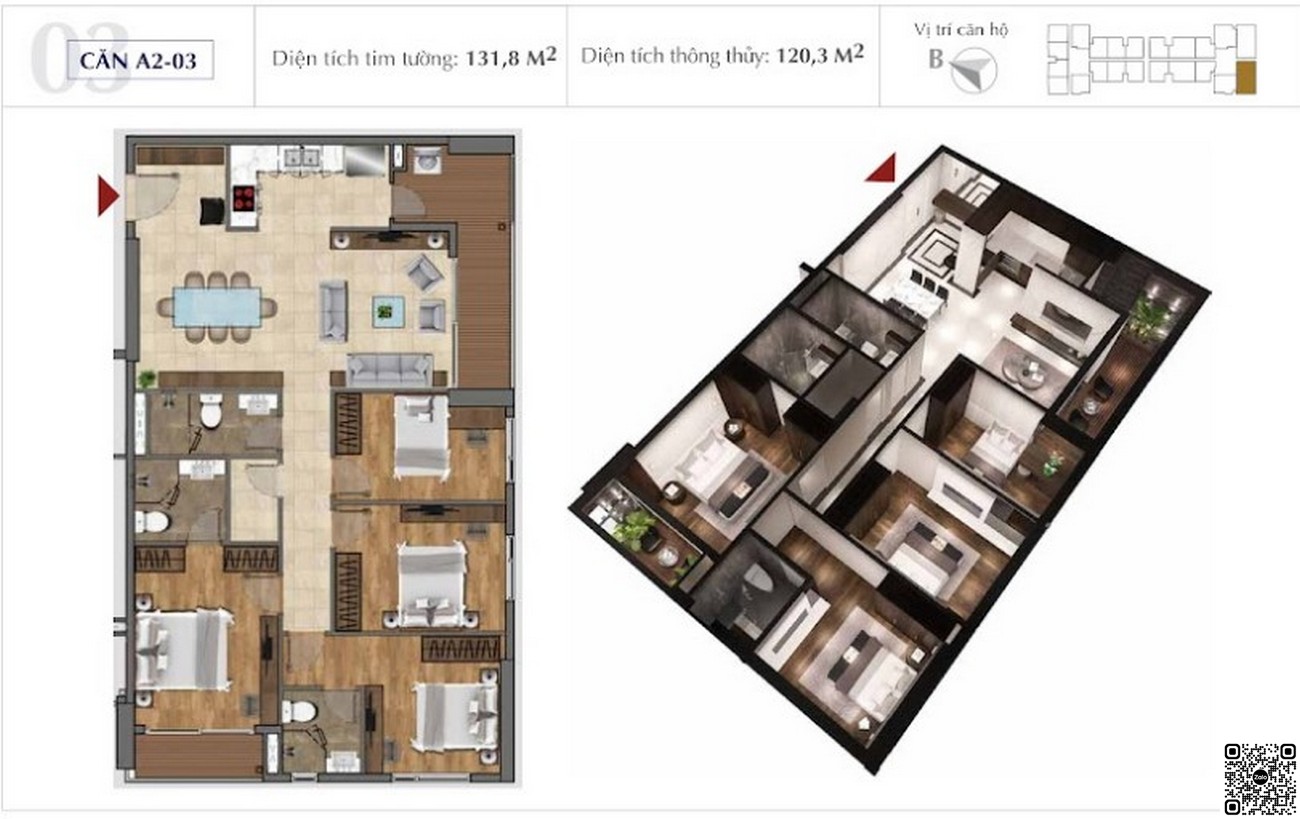 Thiết kế căn hộ 3 phòng ngủ diện tích 131,8m²