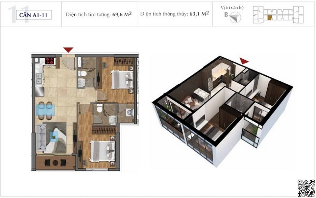 Thiết kế căn hộ 2 phòng ngủ diện tích 69,6m²