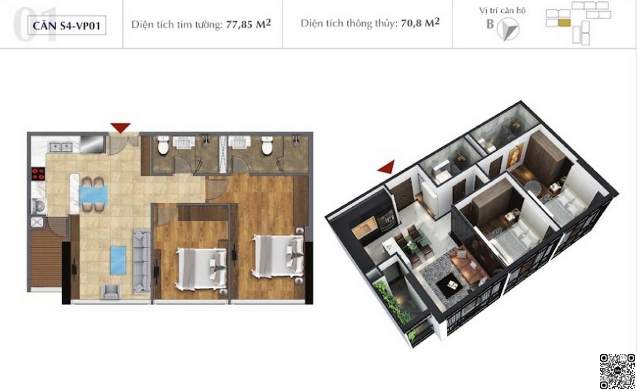 Thiết kế căn hộ 2 phòng ngủ diện tích 77,85m²