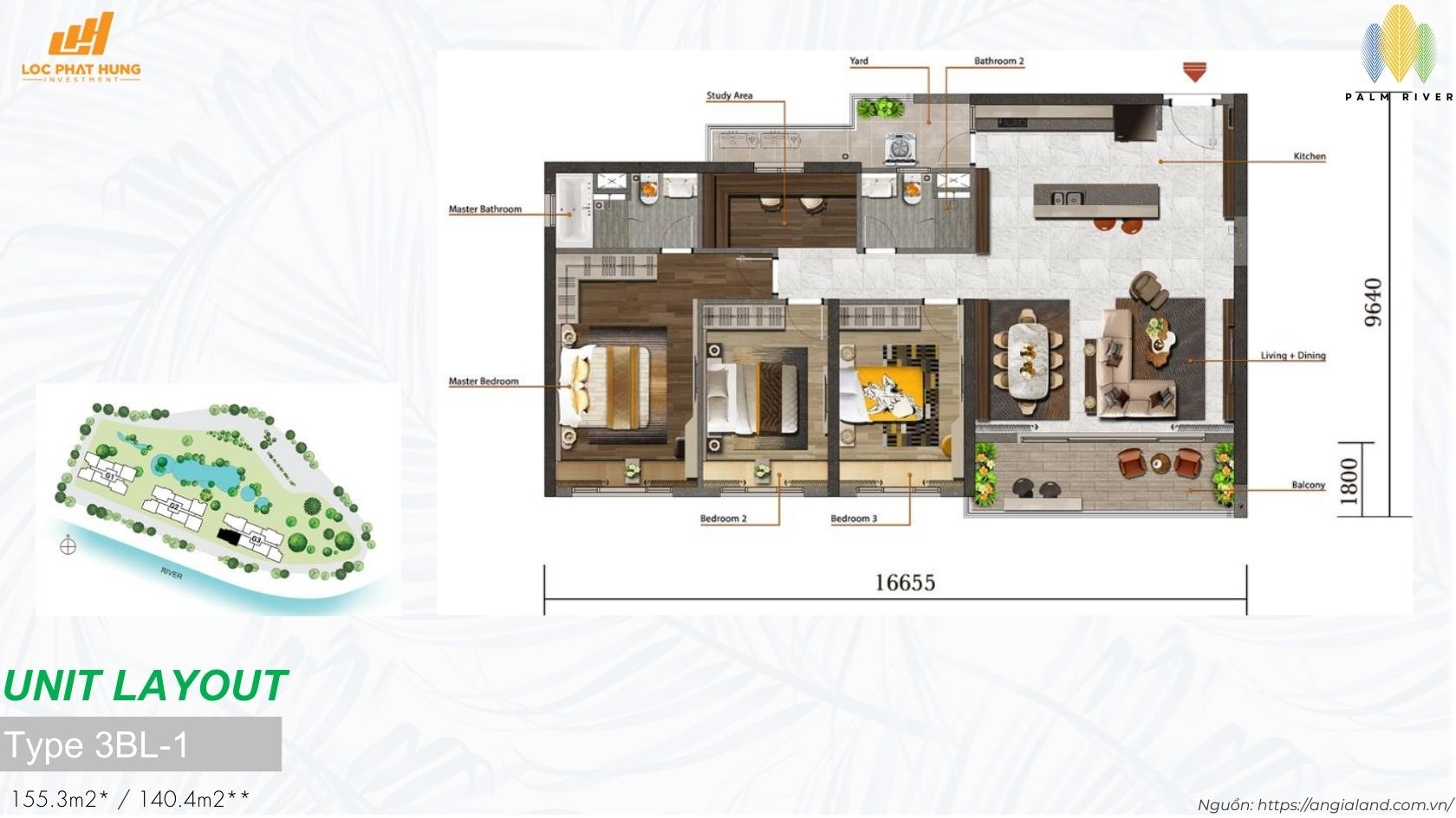 Mặt bằng căn hộ 3PN lớn Type 3bl 1 dự án Palm River Quận 2